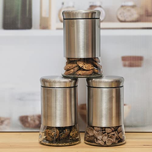 Mivana Glass Food Storage Airtight 850 Ml Containers For Kitchen Storage Container With Lid For Tea Coffee & Sugar, Dry Fruit Jars, Storage Box, Set Of 3 (3, M-22),Silver & Transparent - Image 1