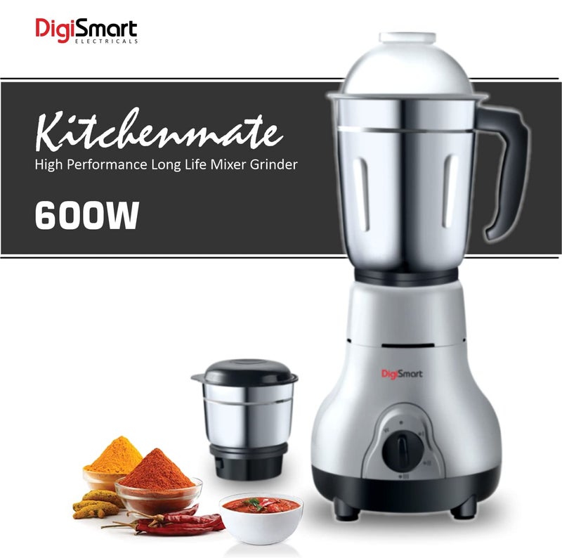 Digismart Kitchen Mate 2 Jar Mixer Grinder for Smoothies, Chutney & Shakes, Long Lasting Shock Proof Abs Body, Powerful 600 Watt Heavy Duty Motor, 2 Years warranty (Charcoal Grey) - Image 2