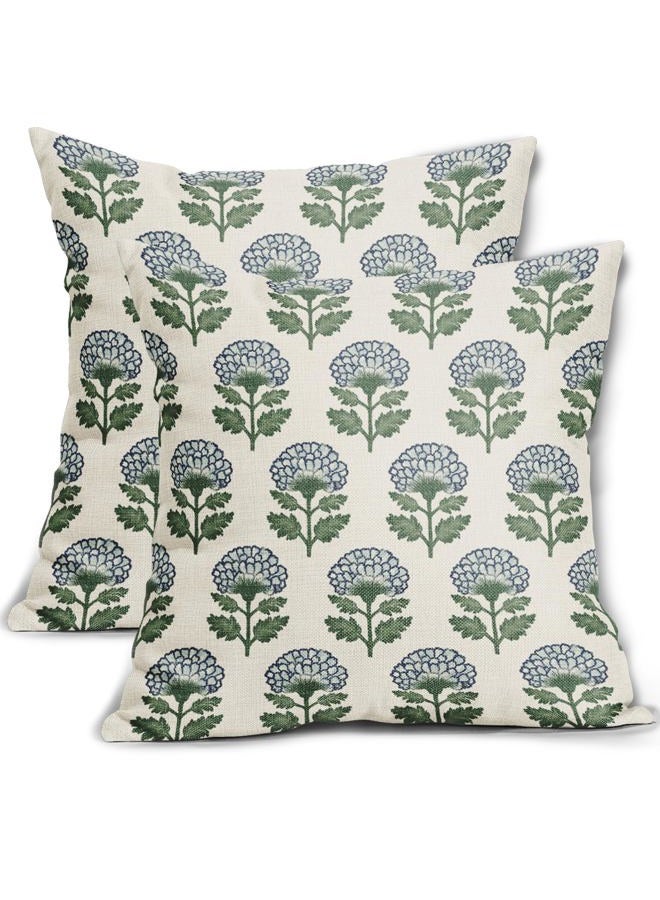 Aytipun Blue Green Floral Block Print Pillow Covers 18x18 Set of 2 Flower Pattern Cream Spring Summer Decorative Throw Pillowcases Outdoor Rustic Farmhouse Cushion Cases Decor for Home Couch Sofa Bed - Image 1