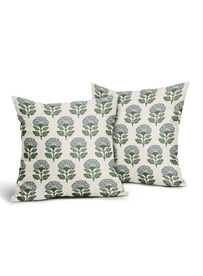 Aytipun Blue Green Floral Block Print Pillow Covers 18x18 Set of 2 Flower Pattern Cream Spring Summer Decorative Throw Pillowcases Outdoor Rustic Farmhouse Cushion Cases Decor for Home Couch Sofa Bed - Image 2