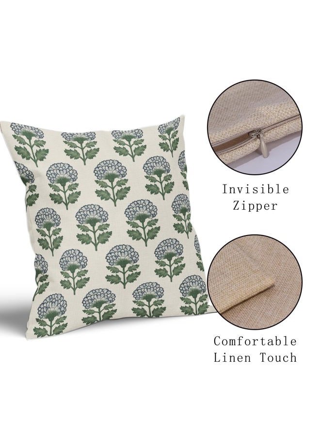 Aytipun Blue Green Floral Block Print Pillow Covers 18x18 Set of 2 Flower Pattern Cream Spring Summer Decorative Throw Pillowcases Outdoor Rustic Farmhouse Cushion Cases Decor for Home Couch Sofa Bed - Image 4