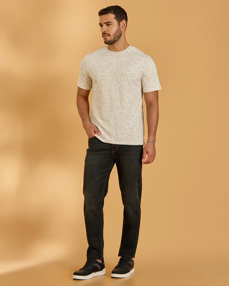 Redtag Men Beige Jacquard T-Shirt