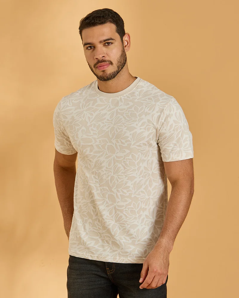 Redtag Men Beige Jacquard T-Shirt