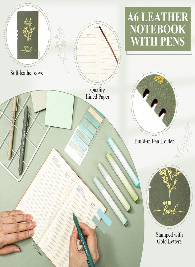 Singhoow 15 Pcs Inspirational Gifts for Women Set Includes A6 Leather Journal Notebook 16 oz Glass Cup Canvas Tote Bag Sticky Notes Index Tabs 3 Ballpoint Pen 4 Highlighter Tissue Paper (Green) - Image 4