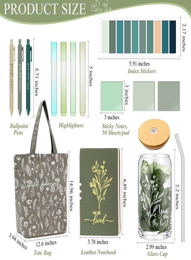 Singhoow 15 Pcs Inspirational Gifts for Women Set Includes A6 Leather Journal Notebook 16 oz Glass Cup Canvas Tote Bag Sticky Notes Index Tabs 3 Ballpoint Pen 4 Highlighter Tissue Paper (Green) - Image 2