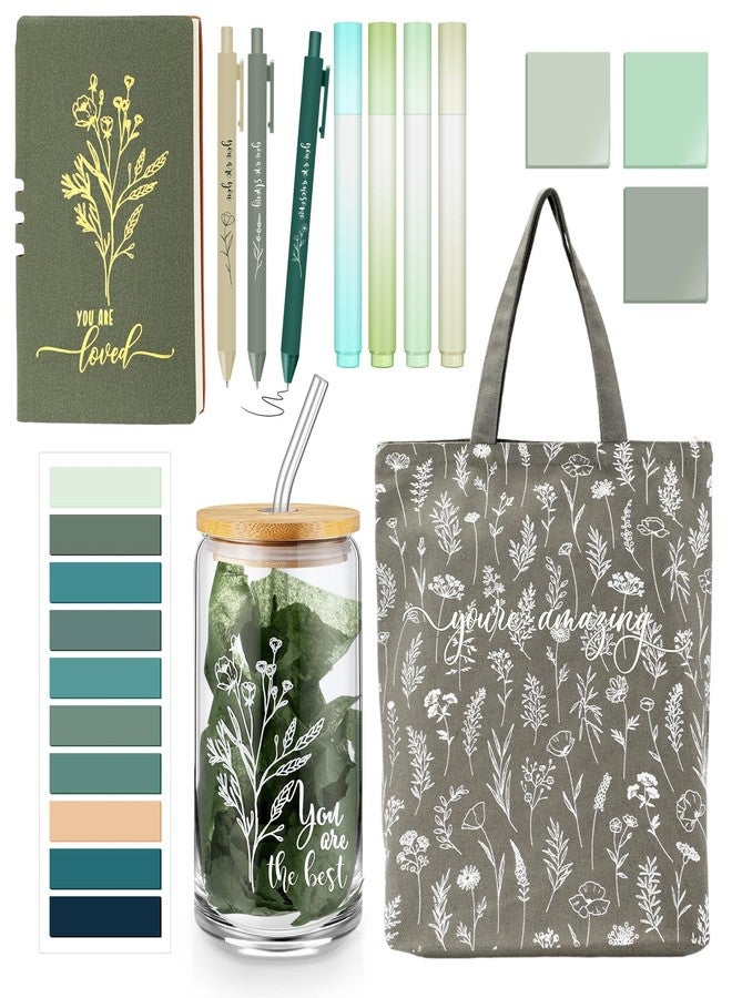 Singhoow 15 Pcs Inspirational Gifts for Women Set Includes A6 Leather Journal Notebook 16 oz Glass Cup Canvas Tote Bag Sticky Notes Index Tabs 3 Ballpoint Pen 4 Highlighter Tissue Paper (Green) - Image 1