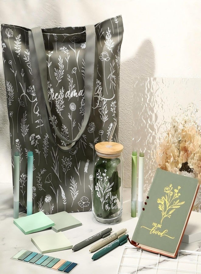 Singhoow 15 Pcs Inspirational Gifts for Women Set Includes A6 Leather Journal Notebook 16 oz Glass Cup Canvas Tote Bag Sticky Notes Index Tabs 3 Ballpoint Pen 4 Highlighter Tissue Paper (Green) - Image 5