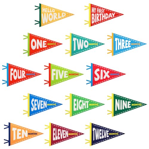 PEUTIER 14pcs Baby Milestone Flags Felt Monthly Milestone Pennant Flag Colorful Baby Milestone Signs Milestone Banner for Newborn Baby Shower 1st Birthday Party Decorations Pattern 2 - Image 1
