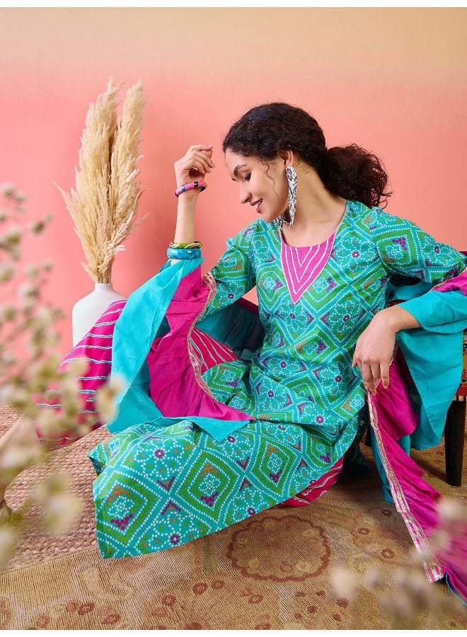 AKS Blue Bandhani Print Cotton Kurta Afgani Pant Set With Ruffled Dupatta  - Image 1