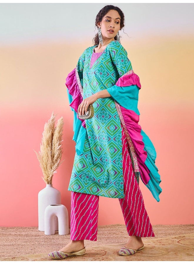 AKS Blue Bandhani Print Cotton Kurta Afgani Pant Set With Ruffled Dupatta  - Image 4