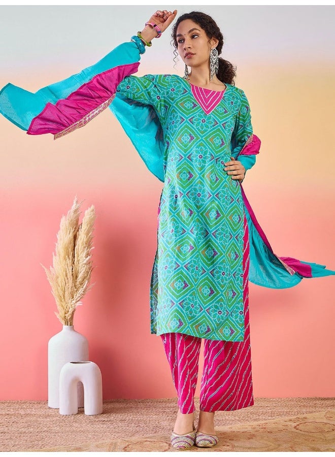 AKS Blue Bandhani Print Cotton Kurta Afgani Pant Set With Ruffled Dupatta  - Image 5