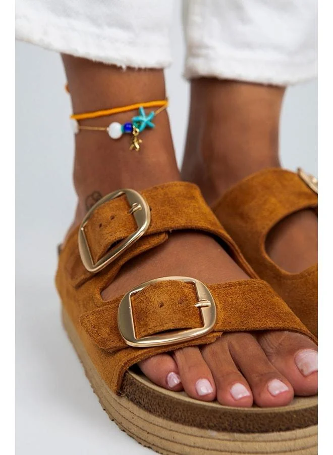 Manijero  Selina Women's Genuine Leather Double Buckle Tan - Gold Slippers - Brown for Women | Best Price UAE
