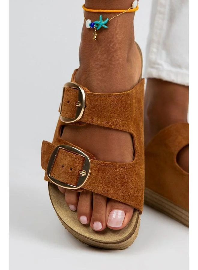 Manijero  Selina Women's Genuine Leather Double Buckle Tan - Gold Slippers - Brown for Women | Best Price UAE
