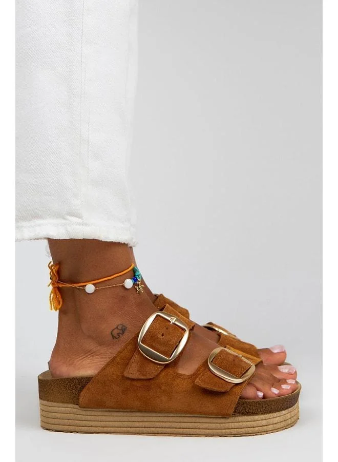 Selina Women's Genuine Leather Double Buckle Tan - Gold Slippers - Brown