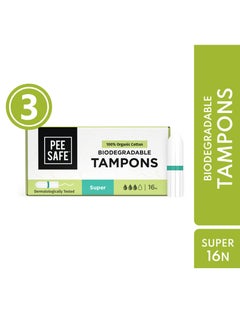 PEESAFE PeeSafe 100% Organic Cotton Tampons, Comfortable & Stain-Free, Biodegradable, Dermatologically tested, medium to heavy flow Super size, 16 tampons Pack Of 3  - Image 1