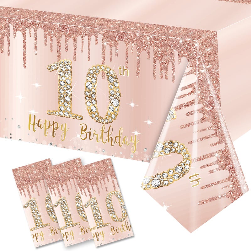 3 Pack 10th Birthday Decorations for Girls  Pink Rose Gold Happy Ten Theme Table Cover Party Supplies  Plastic Disposable Rectangular Tablecloth Decor