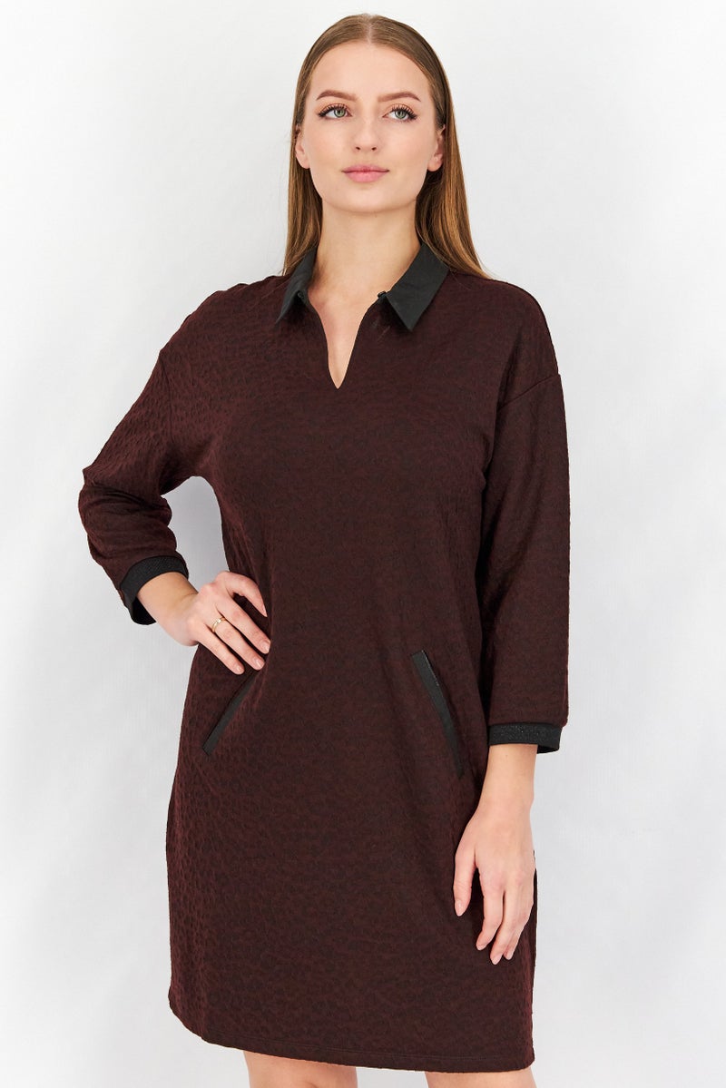 One Step Women Textured 3/4 Sleeve Mini Dress, Brown And Black - Image 1