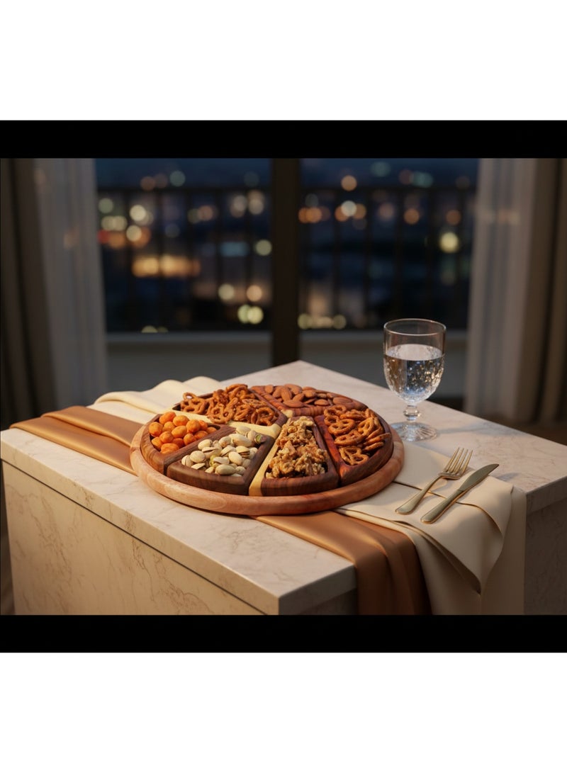 كذا هوم CasaHome طبق تقديم خشبي دائري مع 6 قطع مثلثية قابلة للإزالة – صينية تسالي وتشارتكوتري مقسمة بتشطيب جوز وقيقب ثنائي اللون للضيافة العصرية - Image 3
