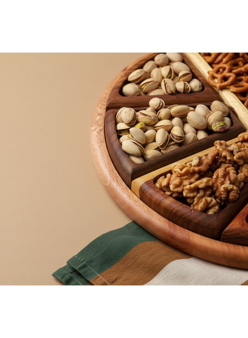 كذا هوم CasaHome طبق تقديم خشبي دائري مع 6 قطع مثلثية قابلة للإزالة – صينية تسالي وتشارتكوتري مقسمة بتشطيب جوز وقيقب ثنائي اللون للضيافة العصرية - Image 4