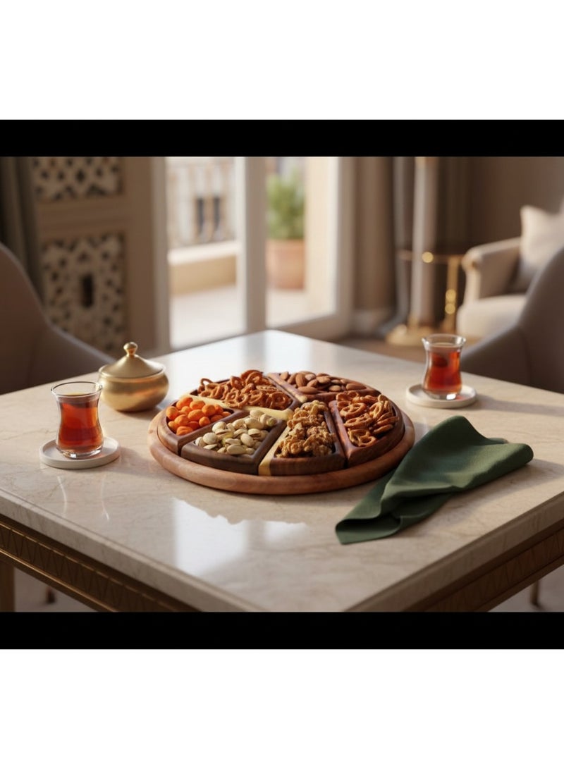 كذا هوم CasaHome طبق تقديم خشبي دائري مع 6 قطع مثلثية قابلة للإزالة – صينية تسالي وتشارتكوتري مقسمة بتشطيب جوز وقيقب ثنائي اللون للضيافة العصرية - Image 2