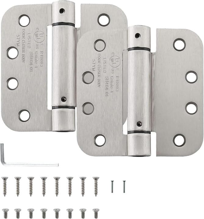 HOME MASTER HARDWARE Self Closing Door Hinges 4 inch Spring Loaded Hinges Adjustable Tension for Interior Door UL Listed with 58 Radius Corners Satin Nickel 2 Pack