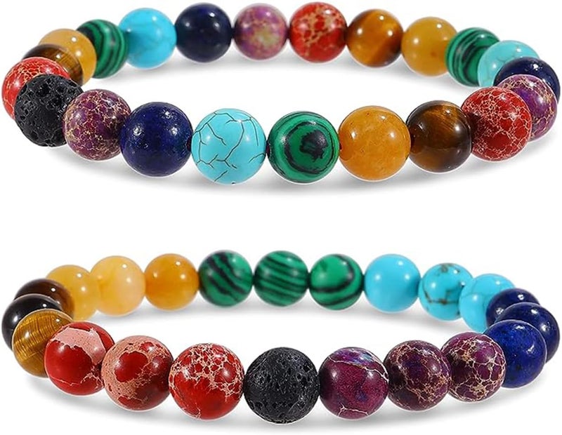 Excefore Natural Stone Bracelet, Healing Power Gemstone Crystal Beads, Friendship Bracelets, Stretch Bracelets Jewelry for Women, Braided Stone Bracelet, Emperor Volcanic Stone Beaded 2PCS - Image 1