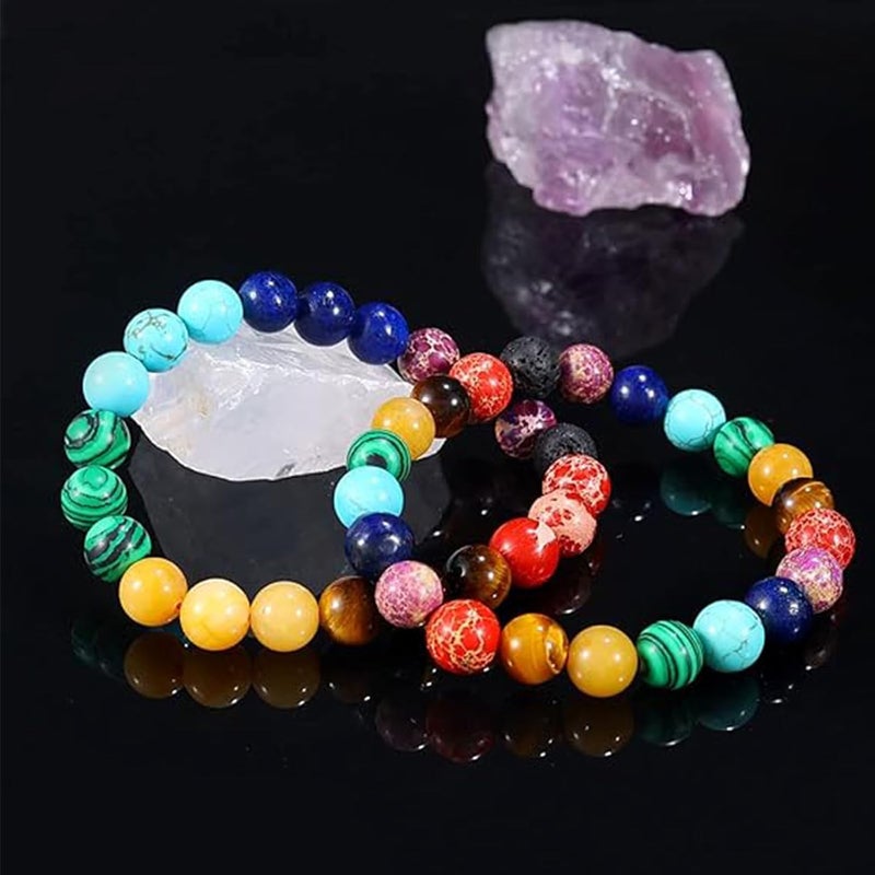 Excefore Natural Stone Bracelet, Healing Power Gemstone Crystal Beads, Friendship Bracelets, Stretch Bracelets Jewelry for Women, Braided Stone Bracelet, Emperor Volcanic Stone Beaded 2PCS - Image 3