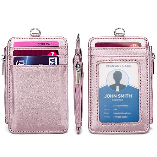 Leamekor ID Badge Holder with Neck Lanyard PU Leather ID Badge Wallet Case with 1 ID Window, 4 Card Slots, 1 Side Zipper Pocket - Image 3