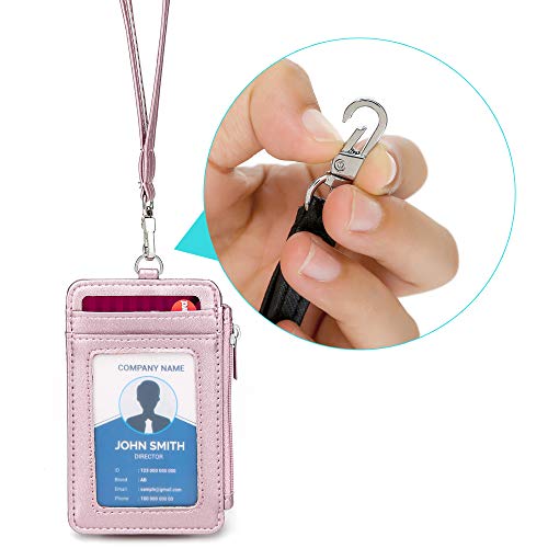 Leamekor ID Badge Holder with Neck Lanyard PU Leather ID Badge Wallet Case with 1 ID Window, 4 Card Slots, 1 Side Zipper Pocket - Image 5