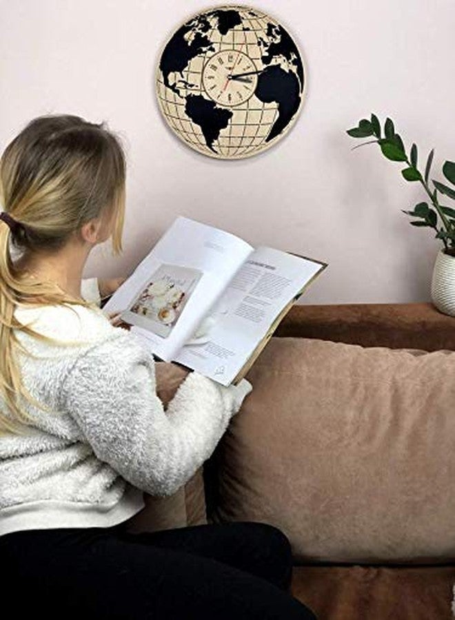 NABSTER Eco Birch Wood Earth Globe Worlds Map Silent Quartz Movement Wall Clock for Home Decor, 12 Inch, Black, Brown - Image 5