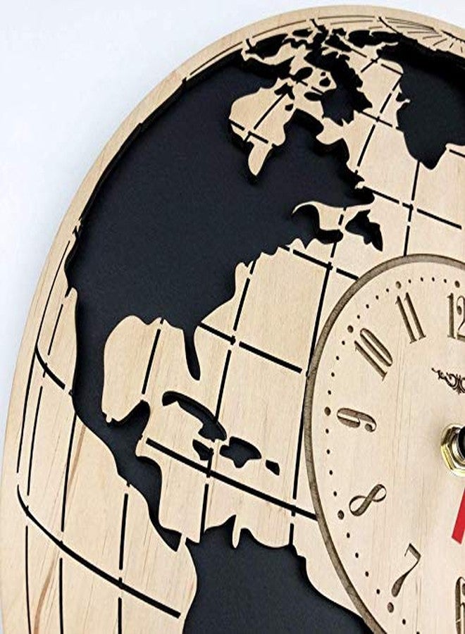 NABSTER Eco Birch Wood Earth Globe Worlds Map Silent Quartz Movement Wall Clock for Home Decor, 12 Inch, Black, Brown - Image 2