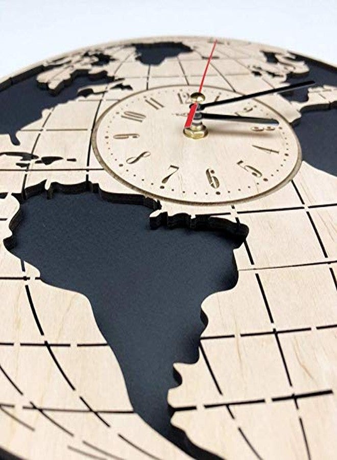 NABSTER Eco Birch Wood Earth Globe Worlds Map Silent Quartz Movement Wall Clock for Home Decor, 12 Inch, Black, Brown - Image 4