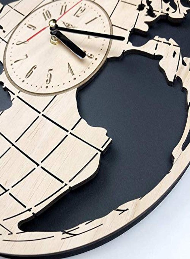 NABSTER Eco Birch Wood Earth Globe Worlds Map Silent Quartz Movement Wall Clock for Home Decor, 12 Inch, Black, Brown - Image 3