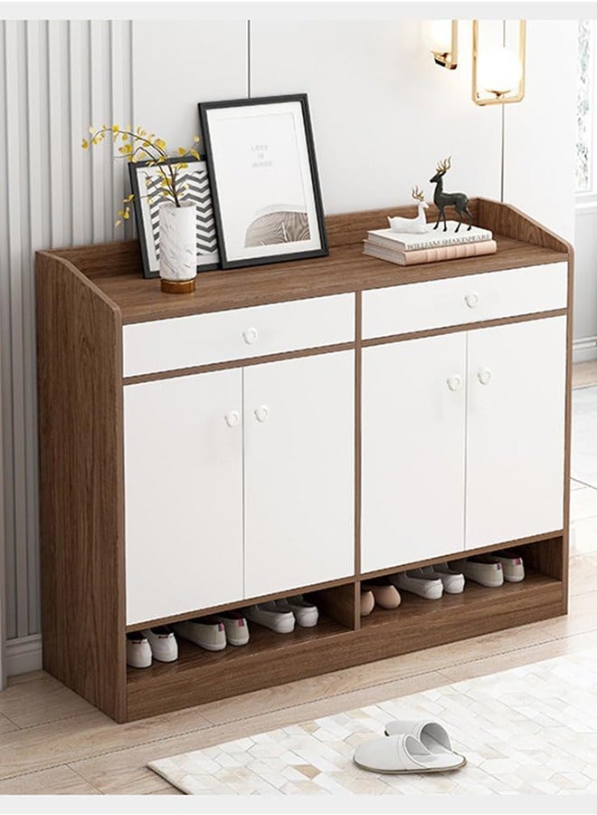 رفوف الأحذية الكبيرة منظم تخزين الأحذية خزانة الأحذية قائمة بذاتها مع 4 أبواب مدخل خشبي منظم تخزين الأحذية (2 درج 4 أبواب، بني + أبيض) - Image 1