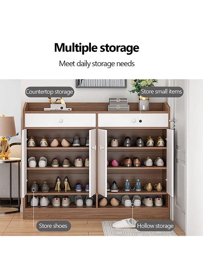 رفوف الأحذية الكبيرة منظم تخزين الأحذية خزانة الأحذية قائمة بذاتها مع 4 أبواب مدخل خشبي منظم تخزين الأحذية (2 درج 4 أبواب، بني + أبيض) - Image 4