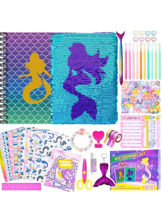 OFFIGIFT 2-Pack DIY Journal Kit for Girls Ages 8-12 13 14 Year Olds, Birthday Gifts for Teen Girls, 110pcs Art Crafts Scrapbook Supplies for Tween Kids, Kawaii Diary Stationary Set with Mermaid Sequin Journal - Image 1
