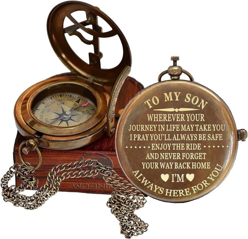 Engraved Son Gifts Mom and Dad, to My Son Compass Comes Grain Leather Case Brass Nautical - Personalized Sundial Compass, Birthday Gifts, Graduation Gifts - Image 1