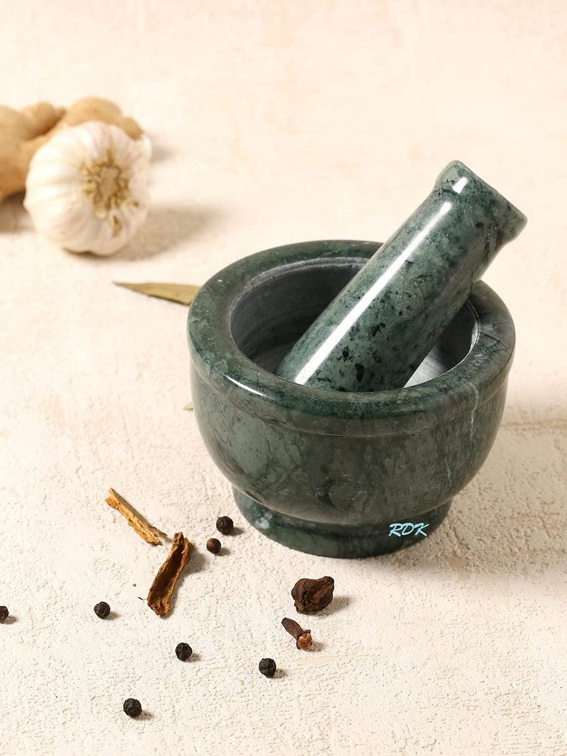 RDK Green Marble Mortar and Pestle Set Spice Mixer Grinder Set Khalbatta Okhli Kharal Masher Idi Kallu Khal Musal Imam Dasta For Kitchen - 4 x 4 x 2.5 Inch - Image 1