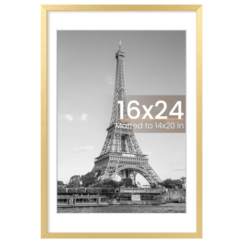upsimples 16x24 Picture Frame, Display Pictures 14x20 with Mat or 16 x 24 Without, Wall Hanging Poster Frames, Gold, 1 Pack - Image 1
