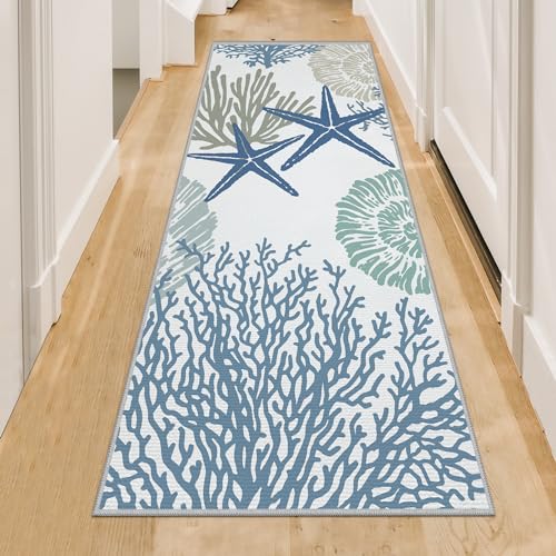 Tritard Coastal Runner Rug 2x6 Nautical Kitchen Hallway Rugs Beach Themed Non-Slip Indoor Floor Mat Machine Washable Rugs Carpet for Bathroom Living Room Bedroom Laundry Room Entryway, Blue - Image 1