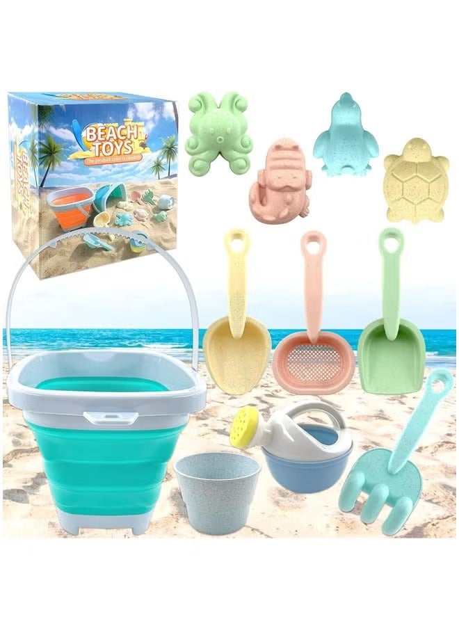 Quivlox Beach Toys, 11pcs Sand Toys Set Collapsible Sand Bucket with Watering Can, Sifter Rake Shovels Kit, Cute Animal Molds, Sand Castle Building Kit, Travel Beach Sandbox Toys for Kids Toddlers - Image 1