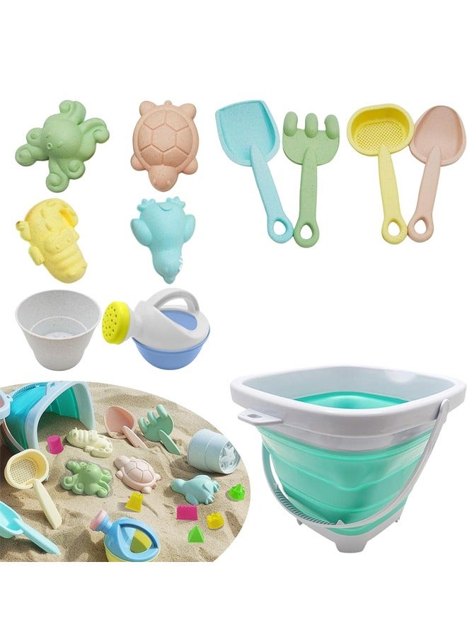 Quivlox Beach Toys, 11pcs Sand Toys Set Collapsible Sand Bucket with Watering Can, Sifter Rake Shovels Kit, Cute Animal Molds, Sand Castle Building Kit, Travel Beach Sandbox Toys for Kids Toddlers - Image 3