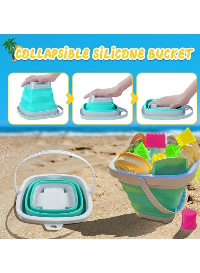 Quivlox Beach Toys, 11pcs Sand Toys Set Collapsible Sand Bucket with Watering Can, Sifter Rake Shovels Kit, Cute Animal Molds, Sand Castle Building Kit, Travel Beach Sandbox Toys for Kids Toddlers - Image 5