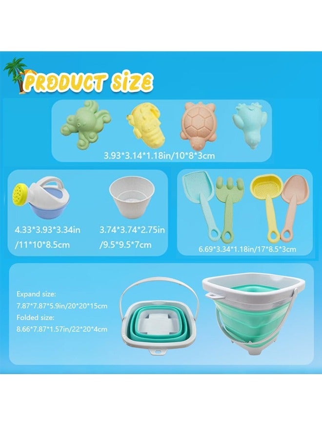 Quivlox Beach Toys, 11pcs Sand Toys Set Collapsible Sand Bucket with Watering Can, Sifter Rake Shovels Kit, Cute Animal Molds, Sand Castle Building Kit, Travel Beach Sandbox Toys for Kids Toddlers - Image 2