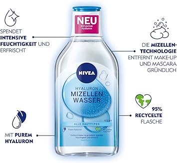 NIVEA Hydra Skin Effect Micellar Water 400 ml Nourishing Hyaluronic Micellar Water for Thorough Facial Cleansing Makeup Remover with Pure Hyaluronic HA - Image 2