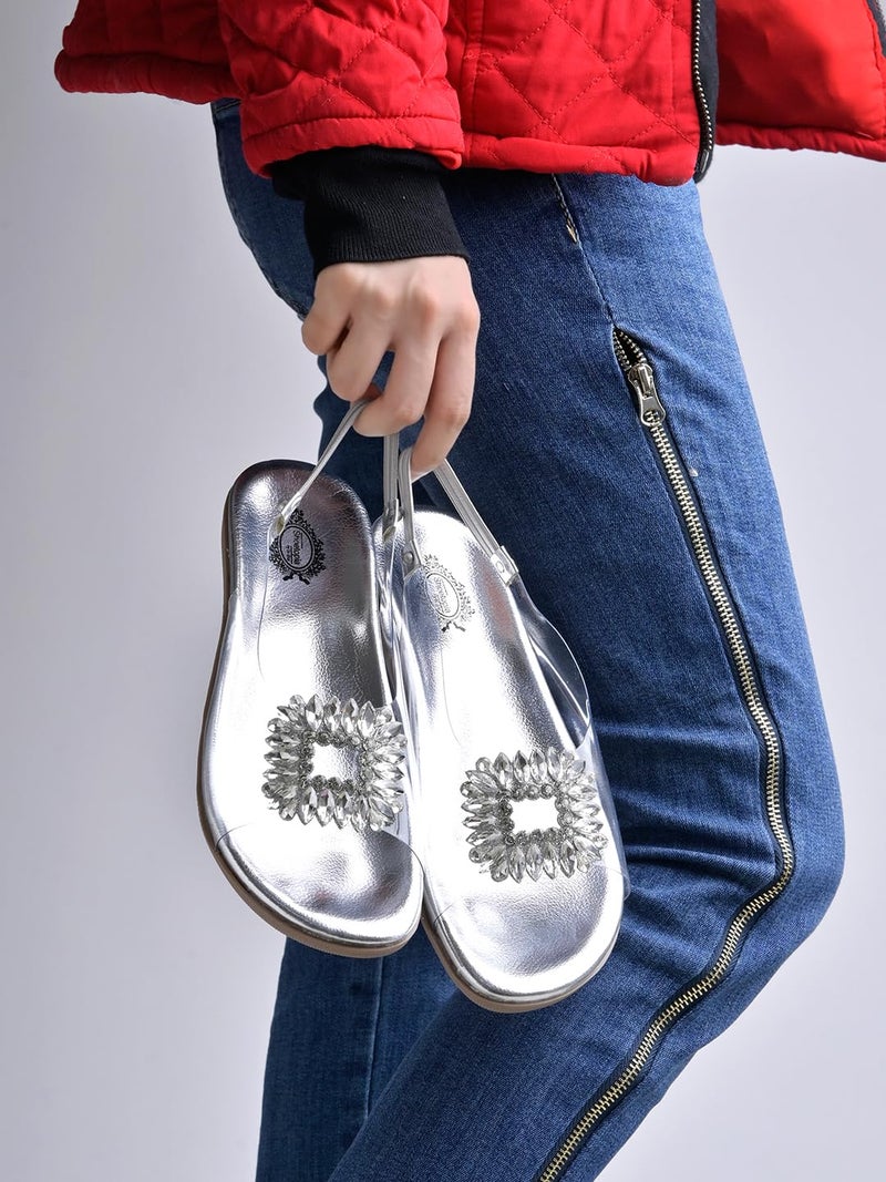 Shoetopia شوتوبيا صندل نسائي شفاف فضي بكعب خلفي مع حزام مزين بالخرز – حذاء مريح مسطح كاجوال EU39 - Image 4
