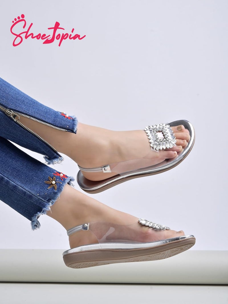 Shoetopia شوتوبيا صندل نسائي شفاف فضي بكعب خلفي مع حزام مزين بالخرز – حذاء مريح مسطح كاجوال EU39 - Image 2