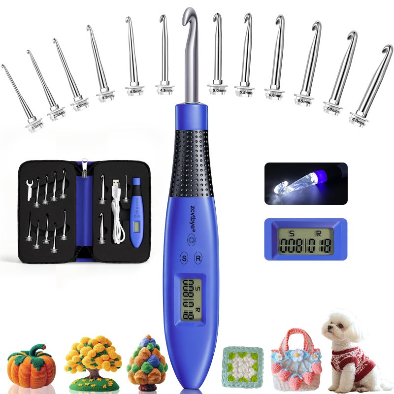 Zcvtbye 12 Size Counting Crochet Hook for Beginners Lighted Led Digital Row Stitch Counter with Ergonomic Soft Handle Interchangeable Metal Hook Heads USB Rechargeable for Dark Yarn - Image 2