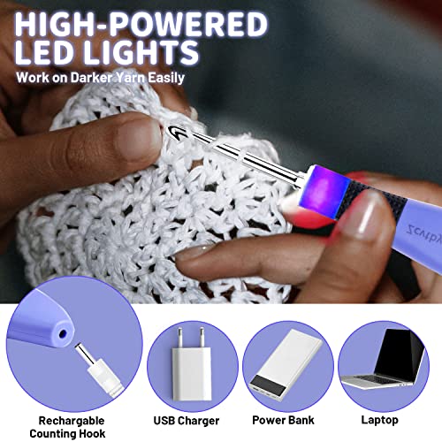Zcvtbye 12 Size Counting Crochet Hook for Beginners Lighted Led Digital Row Stitch Counter with Ergonomic Soft Handle Interchangeable Metal Hook Heads USB Rechargeable for Dark Yarn - Image 3