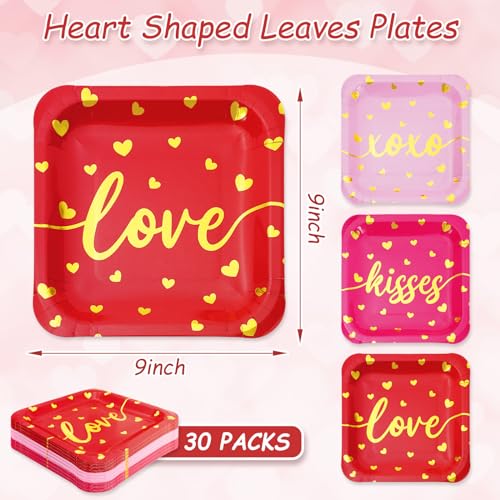 Whaline 30Pcs Valentines Day Paper Plates Gold Foil Hearts Disposable Plates Red Pink Square Plates for Holiday Wedding Party Dinner Tableware Supplies 9 x 9 Inch - Image 5